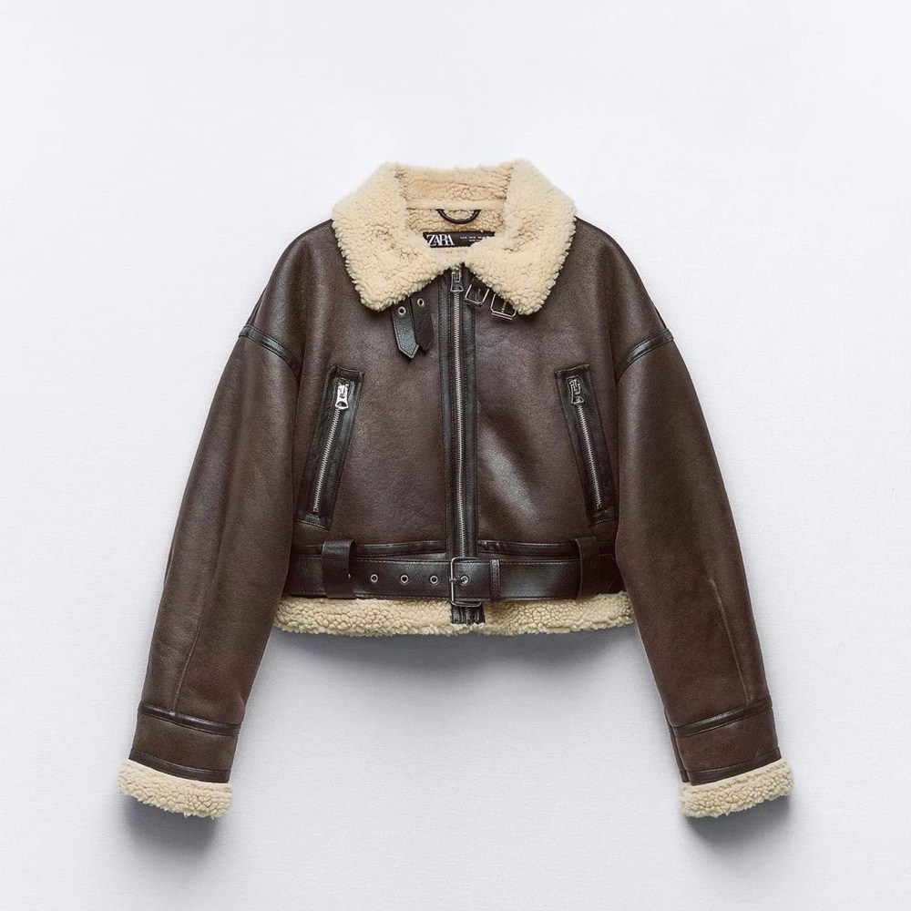 Zara Dark Brown Leather Jacket with Cream Shearling